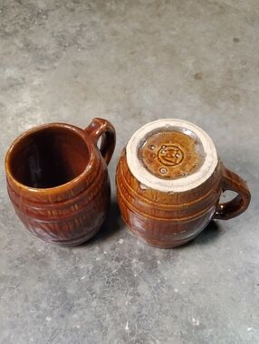 Antique Nelson McCoy Pottery Barrel Mugs Early #4 Shield Mark Brown Glaze - Pair